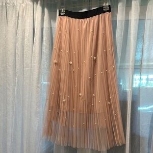 Pink Pleated Midi Skirt with Embellishments